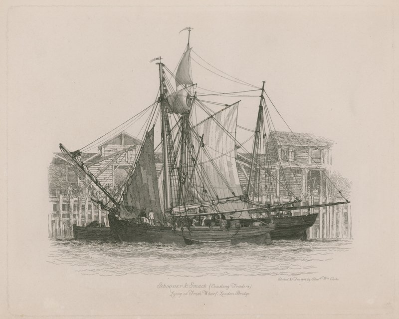 Schoener en Smack liggend bij Fresh Wharf door Edward William Cooke