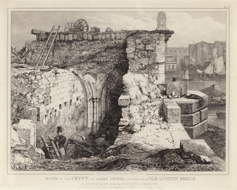 Ruïnes van de St Thomas Kapel op de Oude London Bridge door Edward William Godwin