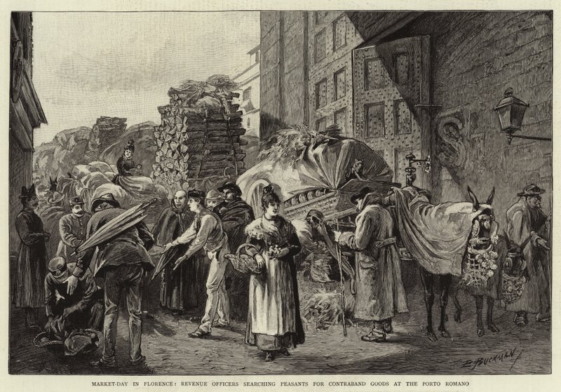 Marktdag in Florence, belastingambtenaren doorzoeken boeren op smokkelwaar bij de Porto Romano door Edwin Buckman