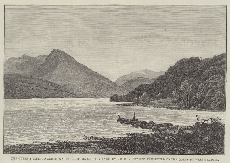 Het bezoek van de koningin aan Noord-Wales, afbeelding van Bala Lake, gepresenteerd aan de koningin door Welshe dames door Edwin Pettitt
