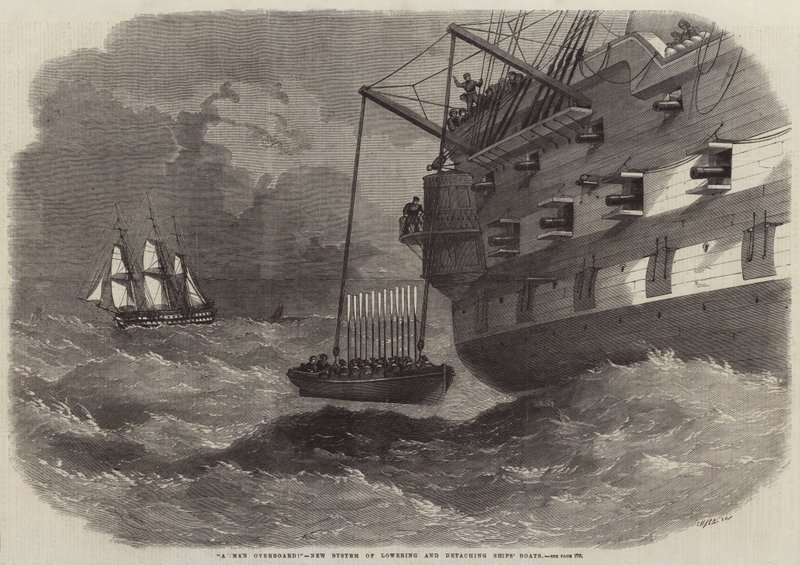 Een man overboord!, nieuw systeem voor het laten zakken en losmaken van scheepsboten door Edwin Weedon