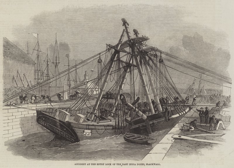 Ongeluk bij de ingangssluis van de Oost-Indische dokken, Blackwall door Edwin Weedon