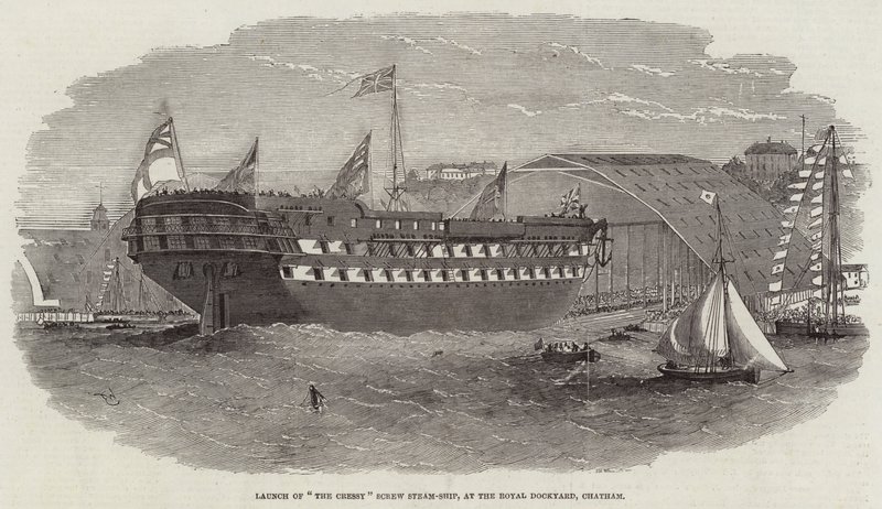 Lancering van De Cressy Schroef Stoomschip, in de Koninklijke Scheepswerf, Chatham door Edwin Weedon