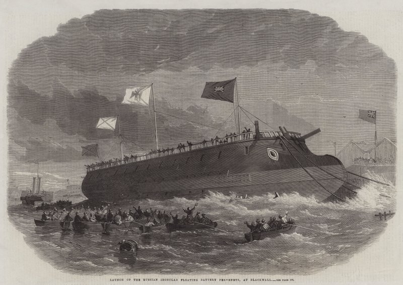 Lancering van de Russische gepantserde drijvende batterij Pervenetz, in Blackwall door Edwin Weedon