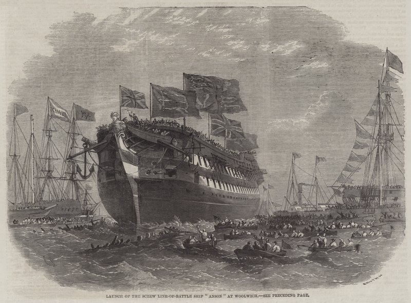 Lancering van het Schroefslagschip Anson in Woolwich door Edwin Weedon