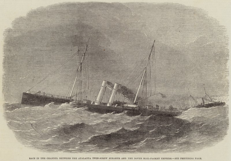 Race in het Kanaal tussen de Atalanta Twin-Screw Steamer en de Dover Mail-Packet Empress door Edwin Weedon