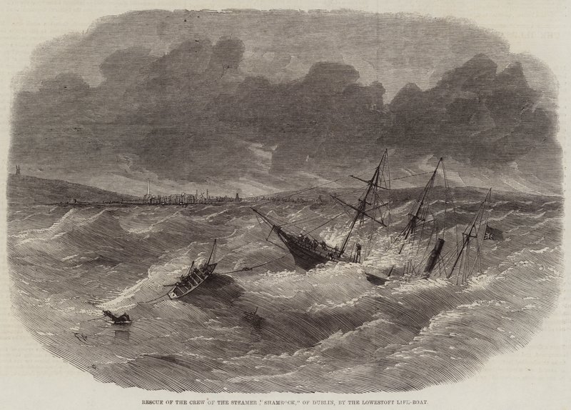 Redding van de bemanning van de stoomboot Shamrock, van Dublin, door de Lowestoft reddingsboot door Edwin Weedon