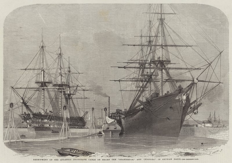 Herverzending van de Atlantische telegraafkabel aan boord van de Agamemnon en Niagara in Keyham Basin door Edwin Weedon