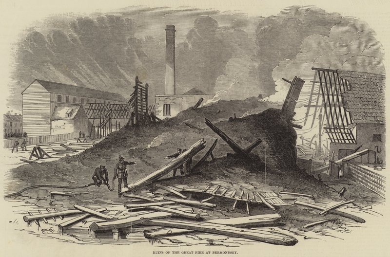 Ruïnes van de grote brand in Bermondsey door Edwin Weedon