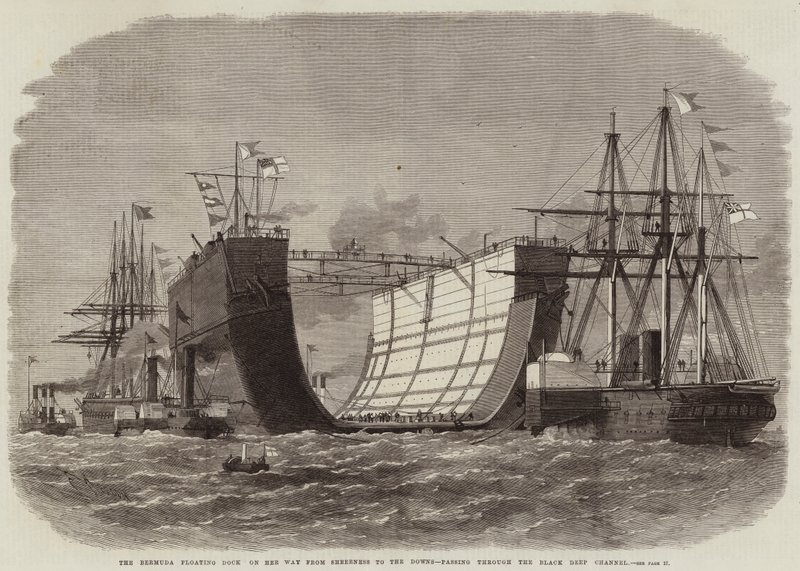Het Bermuda drijvende dok op weg van Sheerness naar de Downs, door het Black Deep Channel door Edwin Weedon