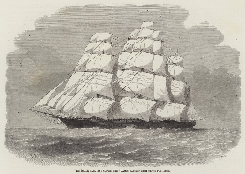 De Black Ball Line Clipper-Ship James Baines, met troepen voor India door Edwin Weedon