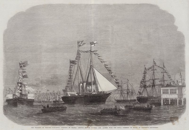 De voortgang van prinses Alexandra (prinses van Wales), aankomst van de Victoria en Albert, met Hare Koninklijke Hoogheid aan boord, in Gravesend door Edwin Weedon