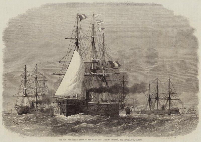 De oorlog, de Franse vloot in de Oostzee, het vlaggenschip van de admiraal, de Serveillante, aan de leiding door Edwin Weedon