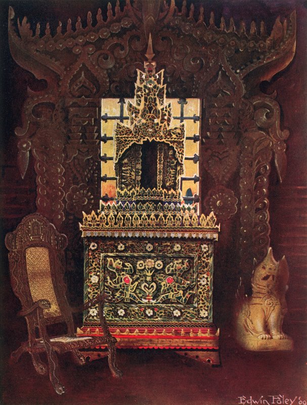 Aziatisch meubilair uit de collectie van Lord Curzon van Kedleston, G.C.S.I., D.C.L., enz. Birmaanse gesneden en vergulde deur uit Mandalay. Boeddhistisch manuscriptdoos (Poongyi) en schrijn (Sadaik) van hout door Edwin John Foley