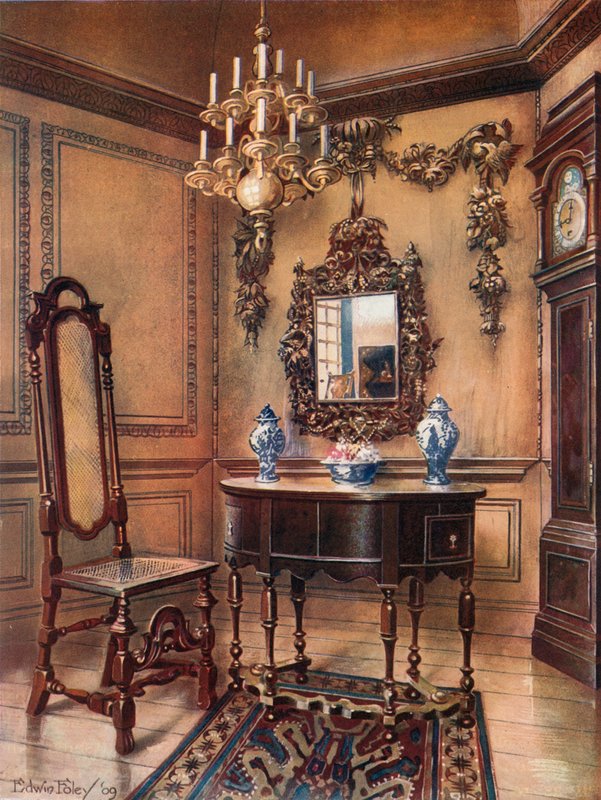 Betimmering, met Grinling Gibbon houtsnijwerk. Spiegel lijst, walnoot tafel, William en Mary. Walnoot stoel, Charles Wesley