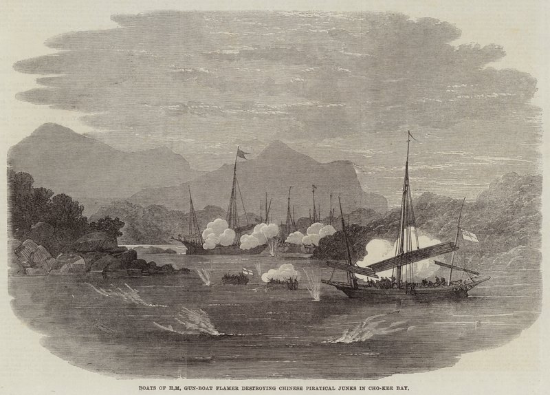 Boten van HM kanonneerboot Flamer vernietigen Chinese piratenjonken in Cho-Kee Bay door Edwin Weedon