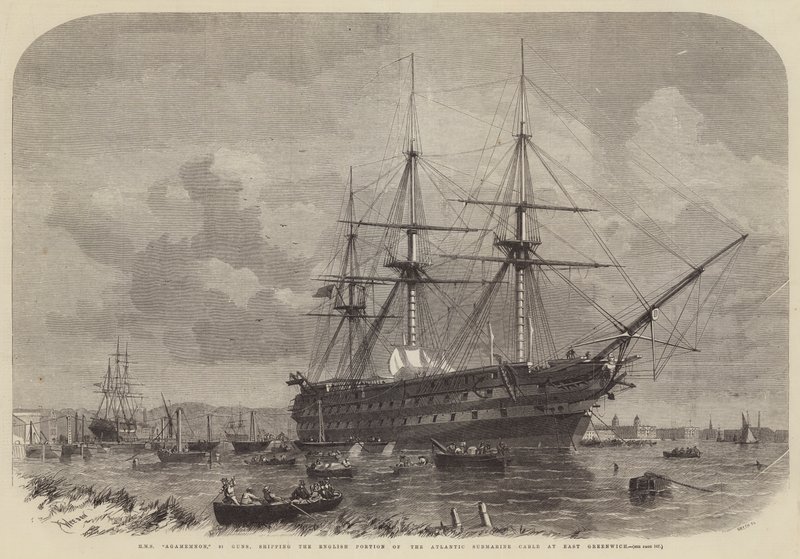 HMS Agamemnon, 91 kanonnen, het Engelse deel van de Atlantische onderzeese kabel laden in East Greenwich door Edwin Weedon