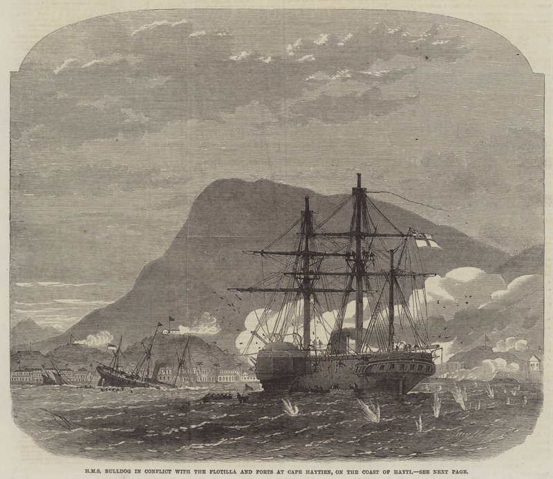 HMS Bulldog in conflict met de vloot en forten bij Cape Haytien, aan de kust van Haïti door Edwin Weedon