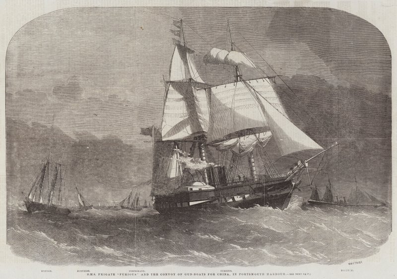 HMS Fregat Furious en het konvooi van kanonneerboten voor China, in de haven van Portsmouth door Edwin Weedon