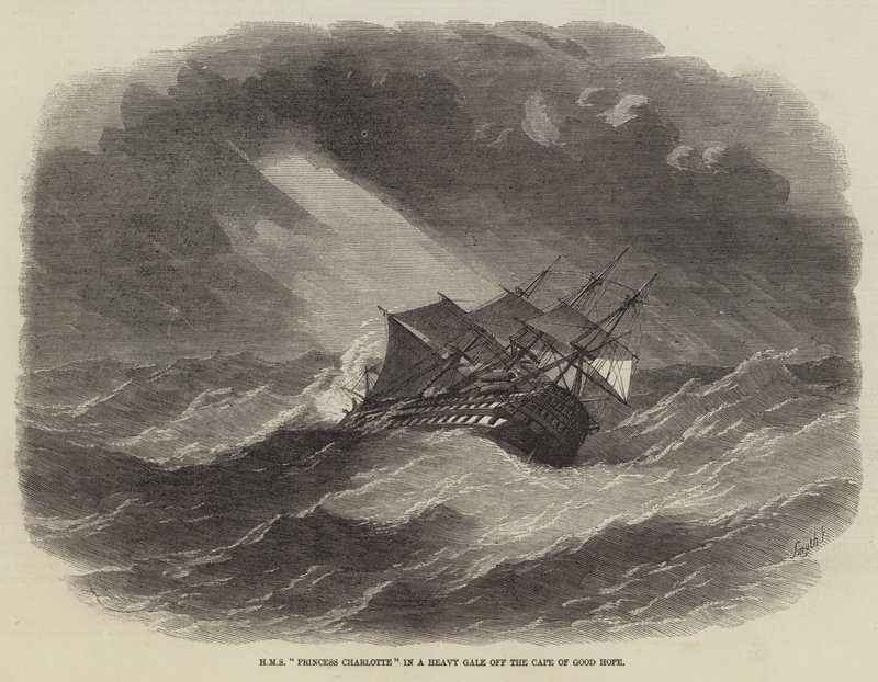 HMS Princess Charlotte in een zware storm bij Kaap de Goede Hoop door Edwin Weedon