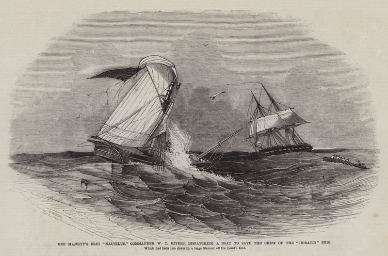 Hare Majesteits Brig Nautilus, Commandant W.T. Rivers, stuurt een boot om de bemanning van de Horatio Brig te redden door Edwin Weedon