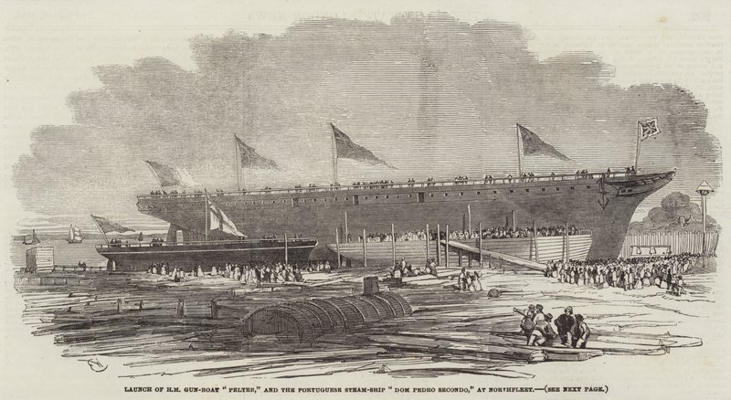 Lancering van HM kanonneerboot Pelter, en het Portugese stoomschip Dom Pedro Secondo, in Northfleet door Edwin Weedon