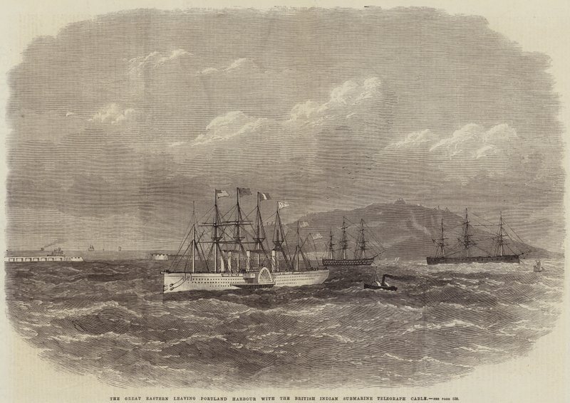 De Great Eastern verlaat Portland Harbour met de Britse Indische Onderzeese Telegraafkabel door Edwin Weedon