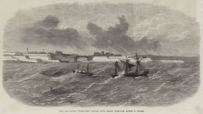 Het Melmerby troepenschip gesleept naar de haven van Brest na een storm door Edwin Weedon