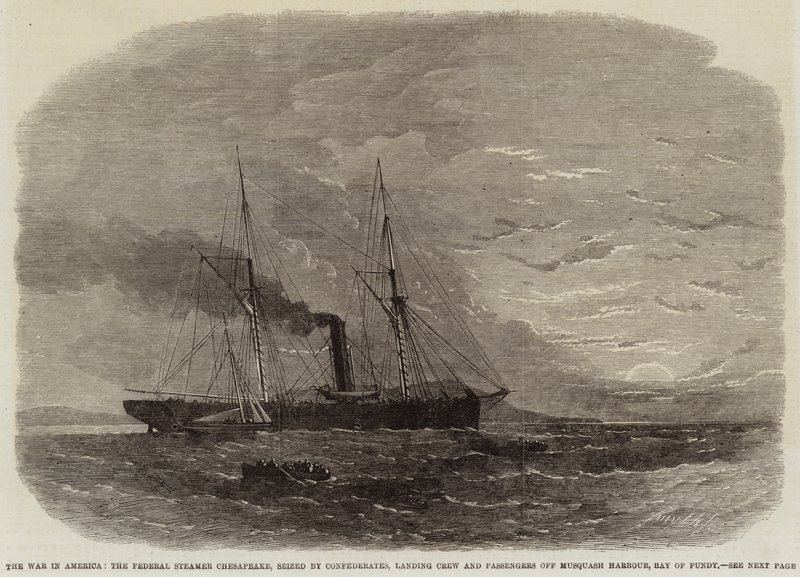 De oorlog in Amerika, de federale stoomboot Chesapeake, in beslag genomen door de Confederates, bemanning en passagiers aan land gezet bij Musquash Harbour, Bay of Fundy door Edwin Weedon