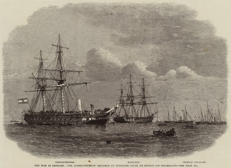 De oorlog in Denemarken, het Oostenrijks-Pruisische squadron bij Cuxhaven na zijn nederlaag bij Helgoland door Edwin Weedon