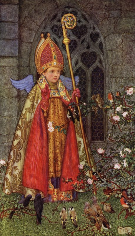 Gegroet, bisschop Valentijn, wiens dag dit is! De hele lucht is jouw bisdom, en al het tjilpen... door Eleanor Fortescue Brickdale