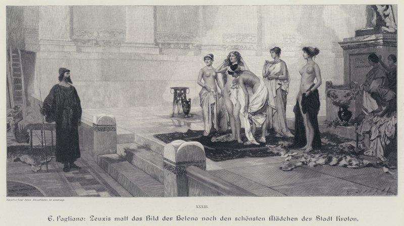 Oude Griekse kunstenaar Zeuxis kiest uit de mooiste vrouwen van de stad Crotone het model voor zijn schilderij van Helena van Troje (gravure) door Eleuterio Pagliano