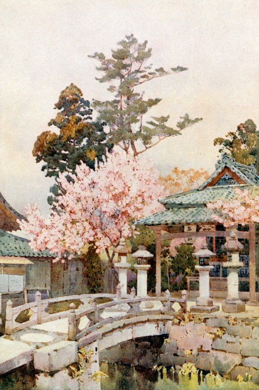 Een heiligdom in Kyomidzu (kleurenlitho) door Ella Du Cane