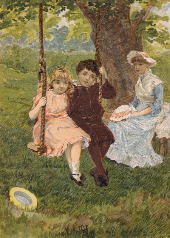 Jongen en meisje zittend op een schommel (chromolitho) door Emily Jane Harding Andrews