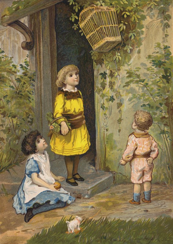Kinderen bewonderen een hangende mand door Emily Jane Harding Andrews