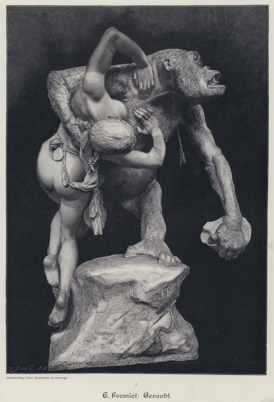 Gorilla ontvoert een vrouw (gravure) door Emmanuel (after) Fremiet