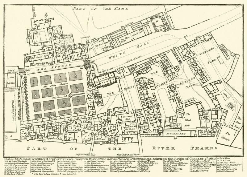 Een verkleinde kopie van Fishers grondplan van het Koninklijk Paleis van Whitehall, genomen tijdens het bewind van Karel II, 1680 door English School