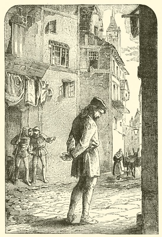 Bernard Palissy, de Hugenoten pottenbakker, met gebogen hoofd in de straten door English School
