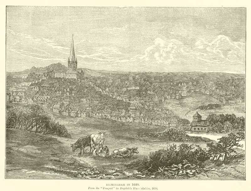 Birmingham in 1640, uit het Prospect in Dugdales Warwickshire, 1656 door English School