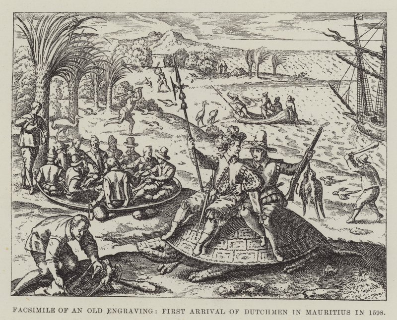 Facsimile van een Oude Gravure, Eerste Aankomst van Nederlanders in Mauritius in 1598 door English School
