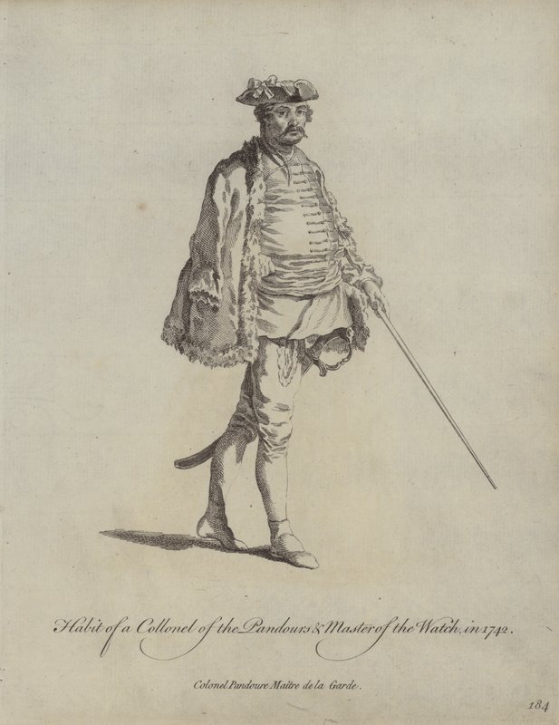 Kostuum van een kolonel van de Pandours en meester van de wacht in 1742 door English School