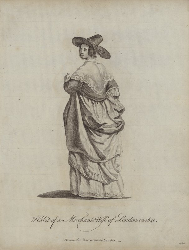 Kleding van een koopmansvrouw uit Londen in 1640 door English School
