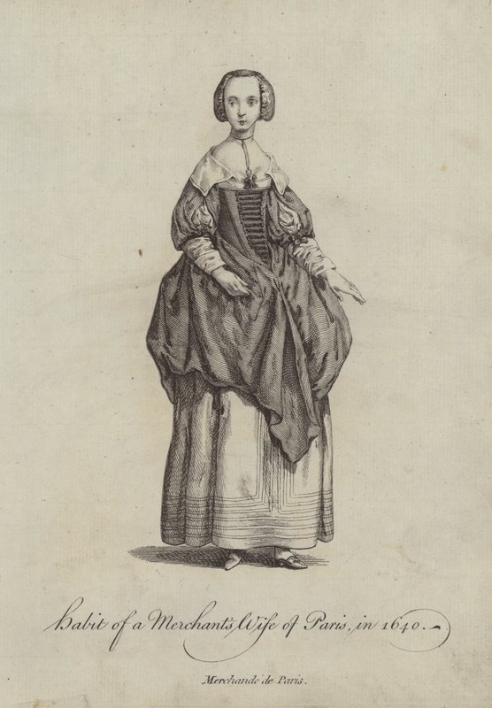 Kleding van een koopmansvrouw van Parijs in 1640 door English School