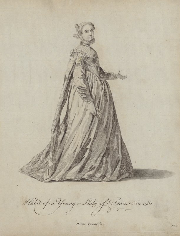 Kleding van een Jonge Dame van Frankrijk in 1581 door English School