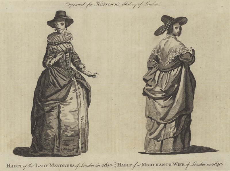 Kleding van de Lady Mayoress van Londen in 1640 en kleding van een koopmansvrouw van Londen in 1640 door English School