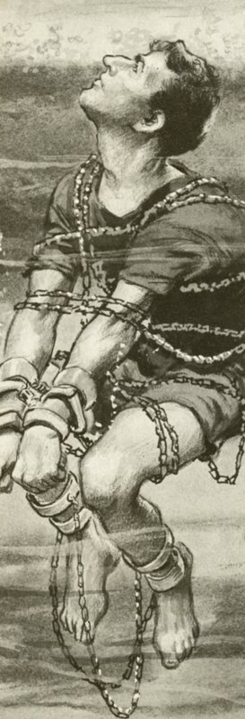Harry Houdini, geboeid en in kettingen, onder water door English School