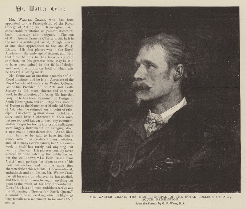 De heer Walter Crane, de Nieuwe Directeur van het Royal College of Art, South Kensington door English School