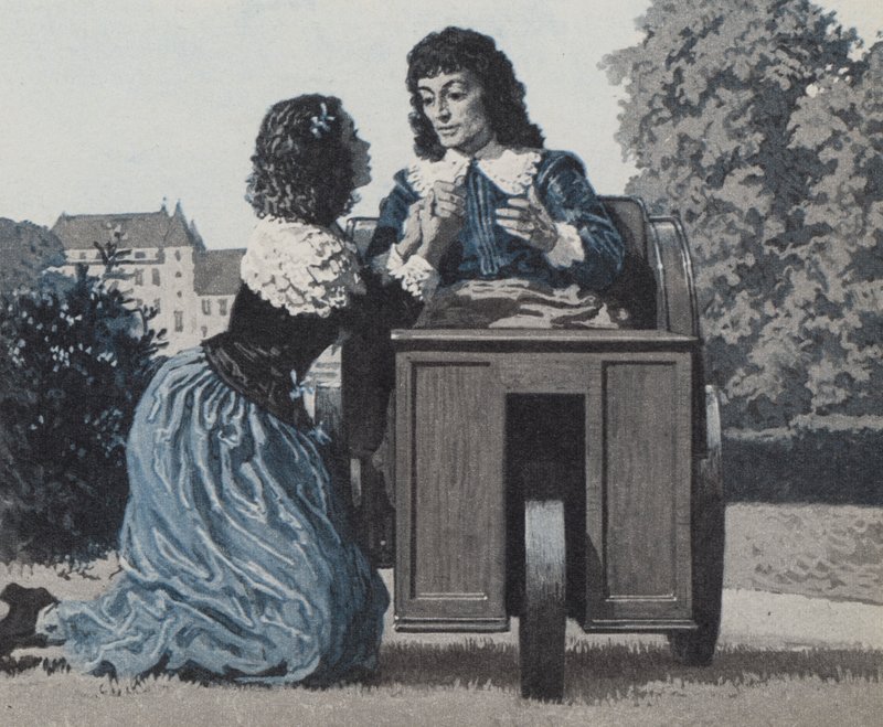Paul Scarron, in zijn doos op wielen, verzorgd door zijn vrouw, later de beroemde Markiezin De Maintenon door English School