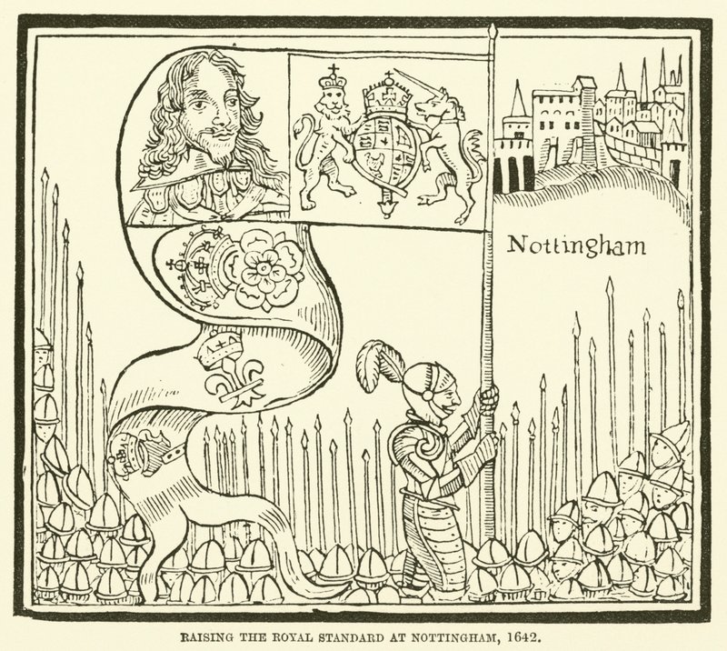 Het hijsen van de koninklijke standaard in Nottingham, 1642 door English School