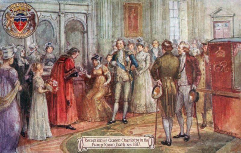Ontvangst van Koningin Charlotte in de Pump Room, Bath, 1817 AD door English School